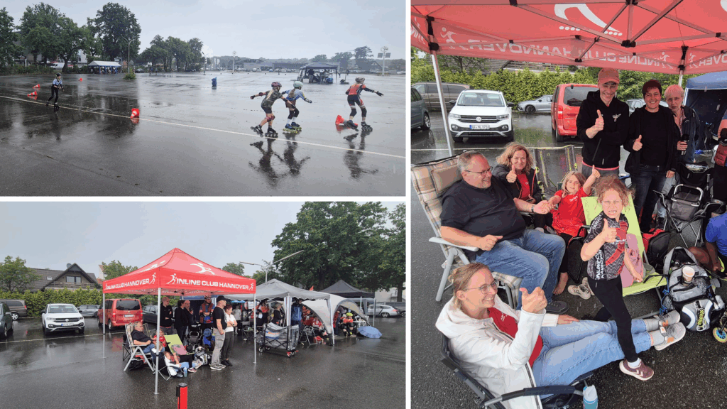 Collage vom Mühlencup Gifhorn 2026 mit Skaterinnen und Skatern auf nasser Strecke sowie dem Team des IC Hannover unter dem roten Vereinspavillon.